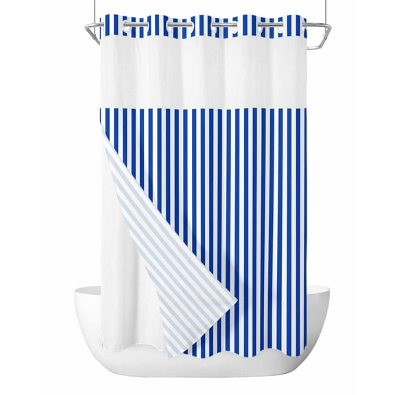No Hook Cloth Fabric Shower Curtain with Snap in Liner, Navy Blue Stripe Waterproof Shower Curtains Set with See Through Top Window, Modern White Vertical Striped Geometric Bath Curtains 36"x72"
