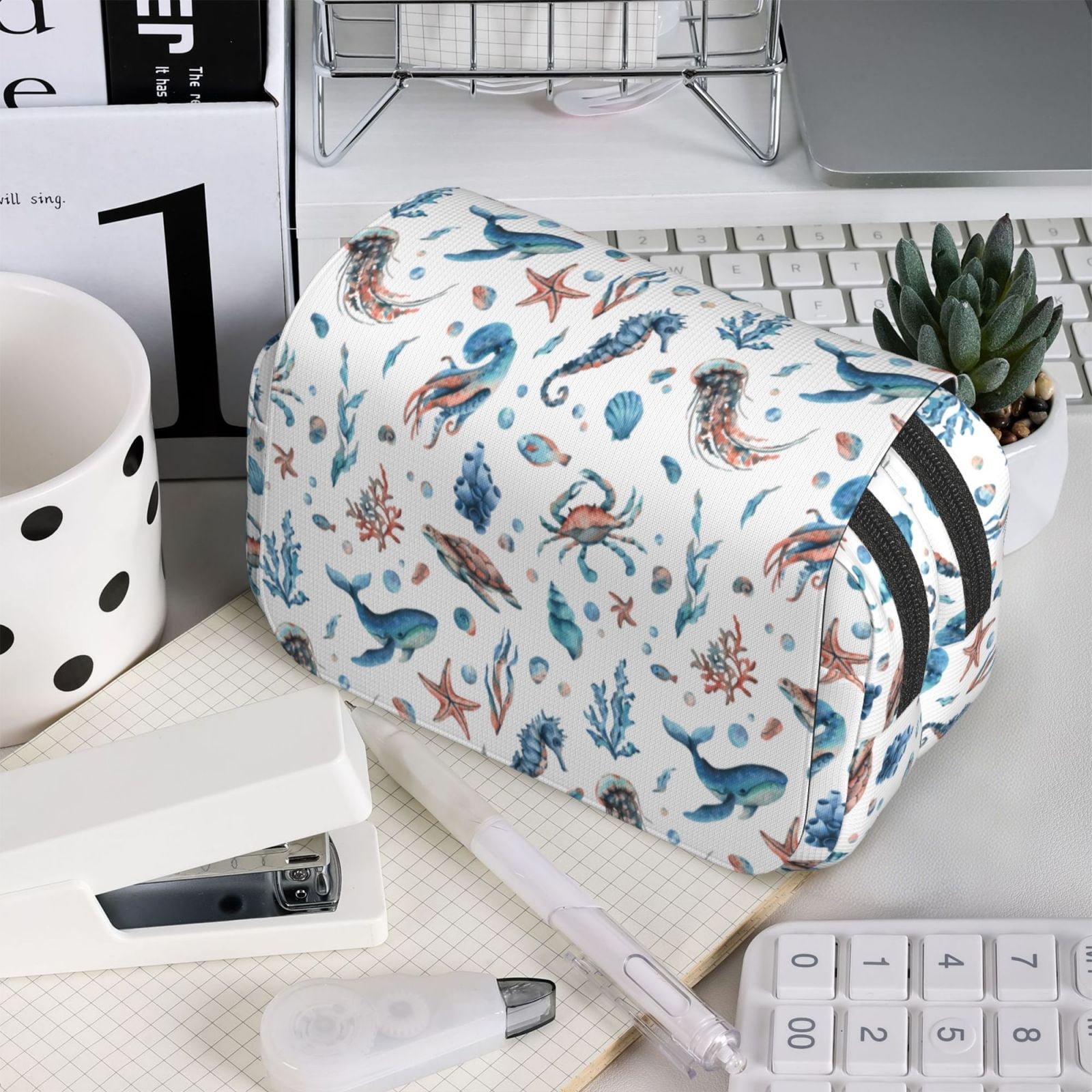 Rateoe Undersea Animals Pattern Double Clamshell Pen Case, Storage Organizer with Two Zipper Compartments– Holds Up to 50 Pencils & Pens