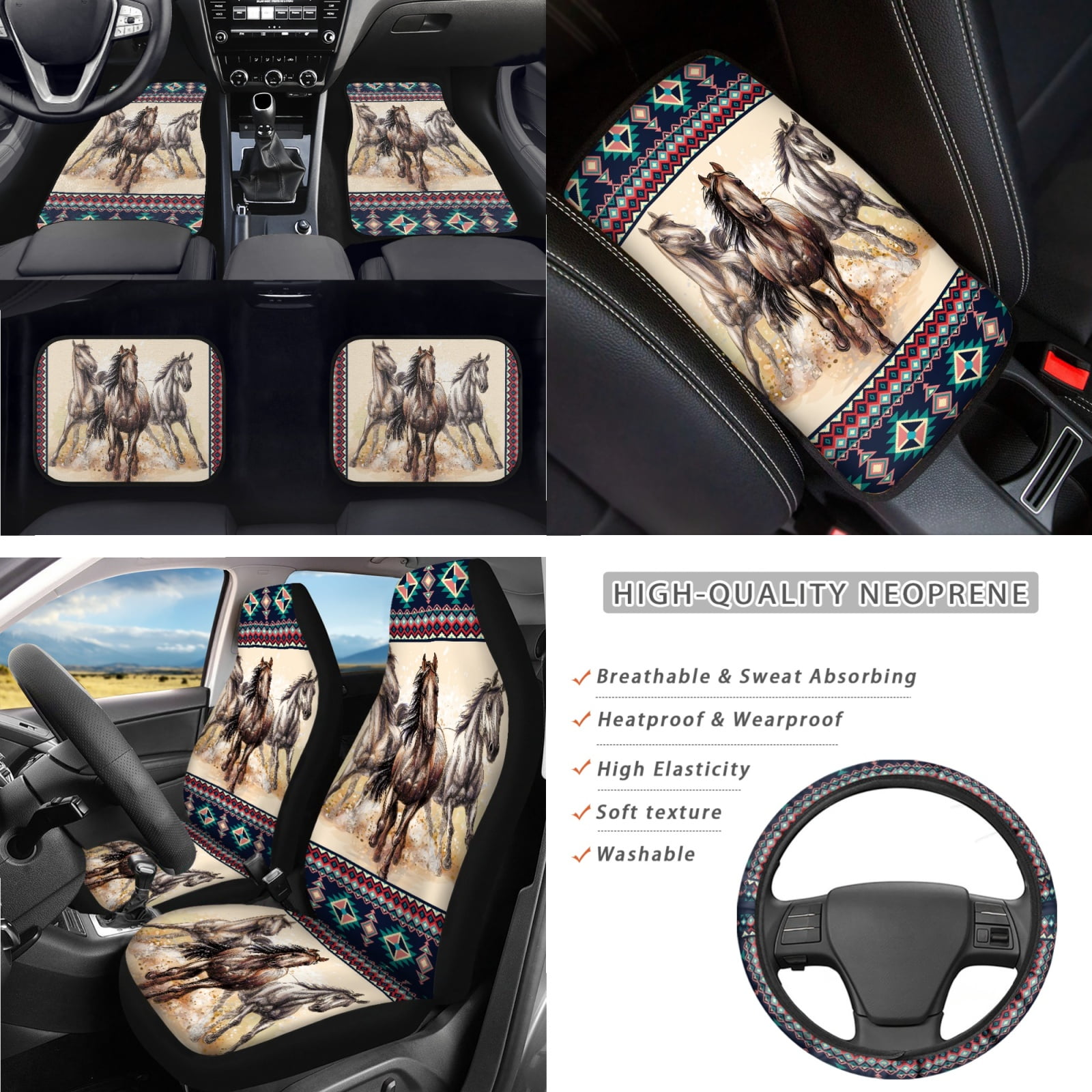 Jeiento Aztec Western Horse Automotive Seat Covers Full Set of 17 Car Front Rear Seat Covers Floor Mats Car Steering Wheel Cover Armrest Cover Coasters Keychains Universal Fit for Most Vehicles