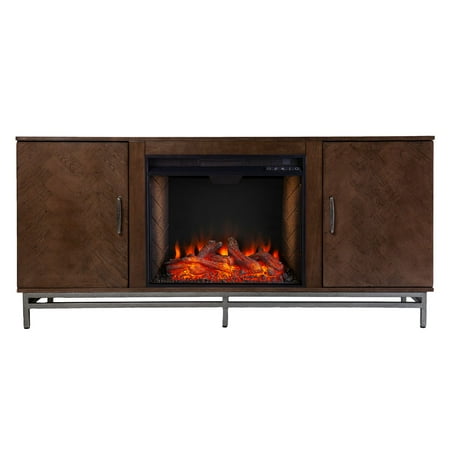 

60 Brown and Black Alexa Smart Fireplace with Media Storage