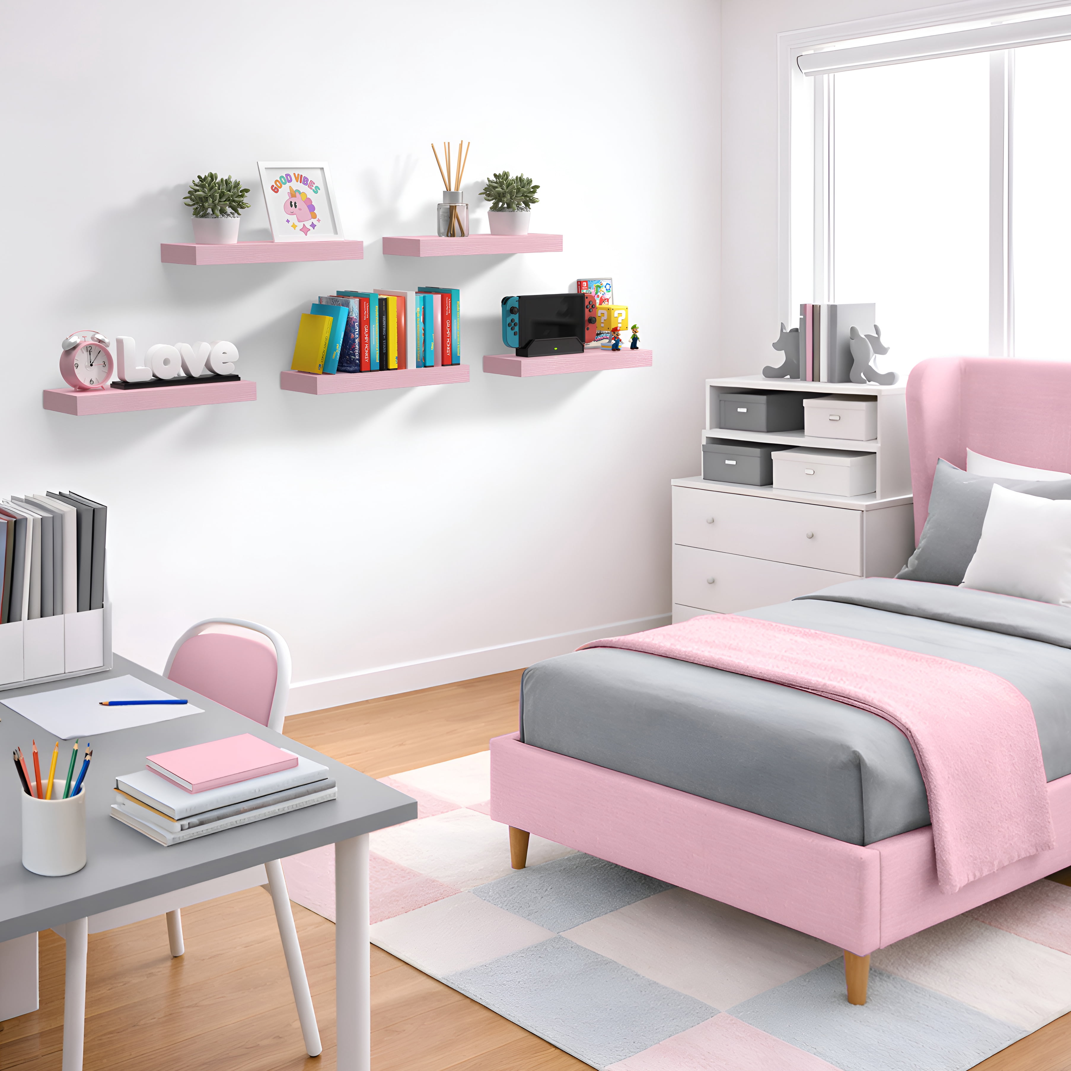 Sorbus 16.25" Floating Wall Shelves, 2 Pack, Soft Pink, Invisible Brackets, Home Decor