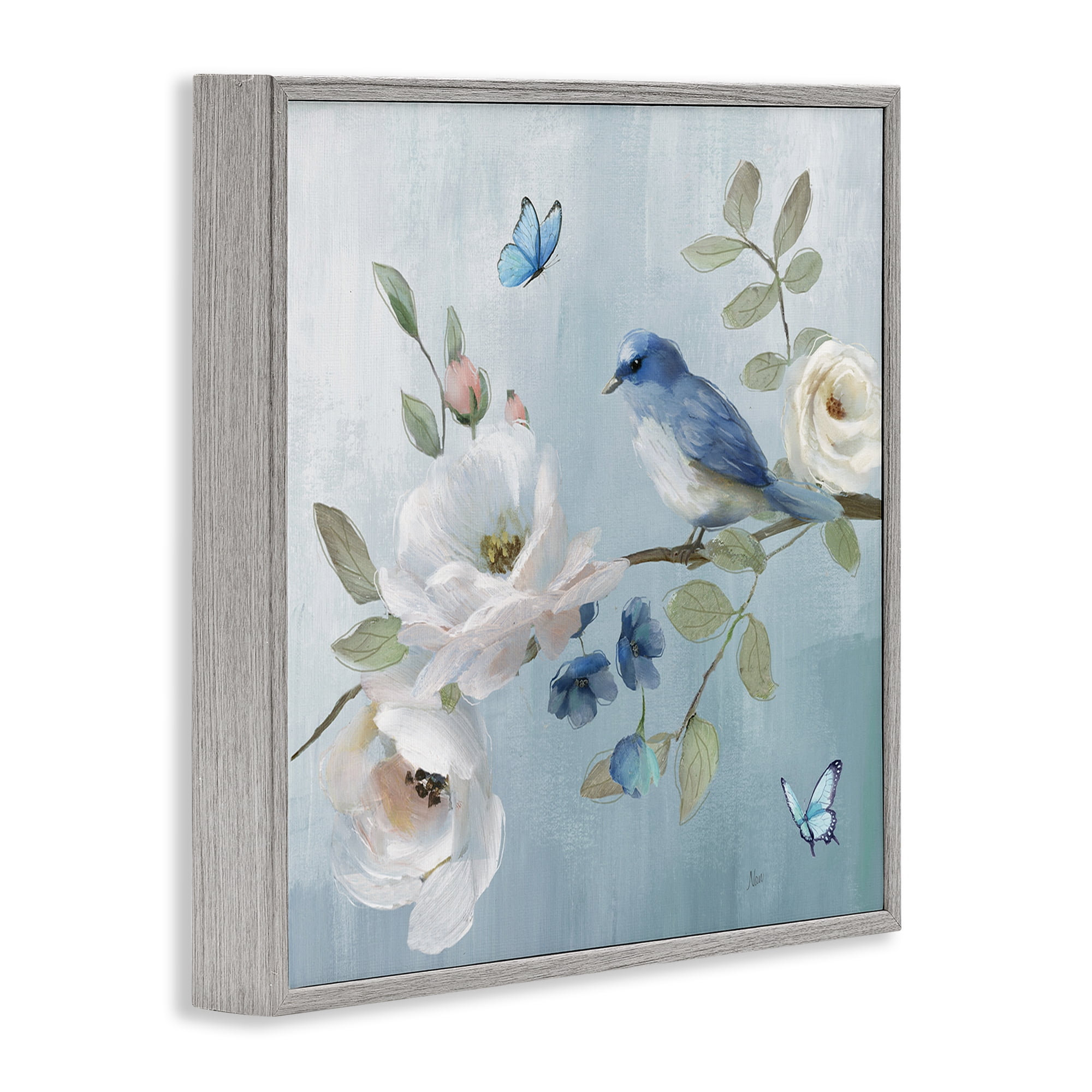 Stupell Industries Pastel Blue Bird Blooms Gray Framed Giclee Art, design by Nan