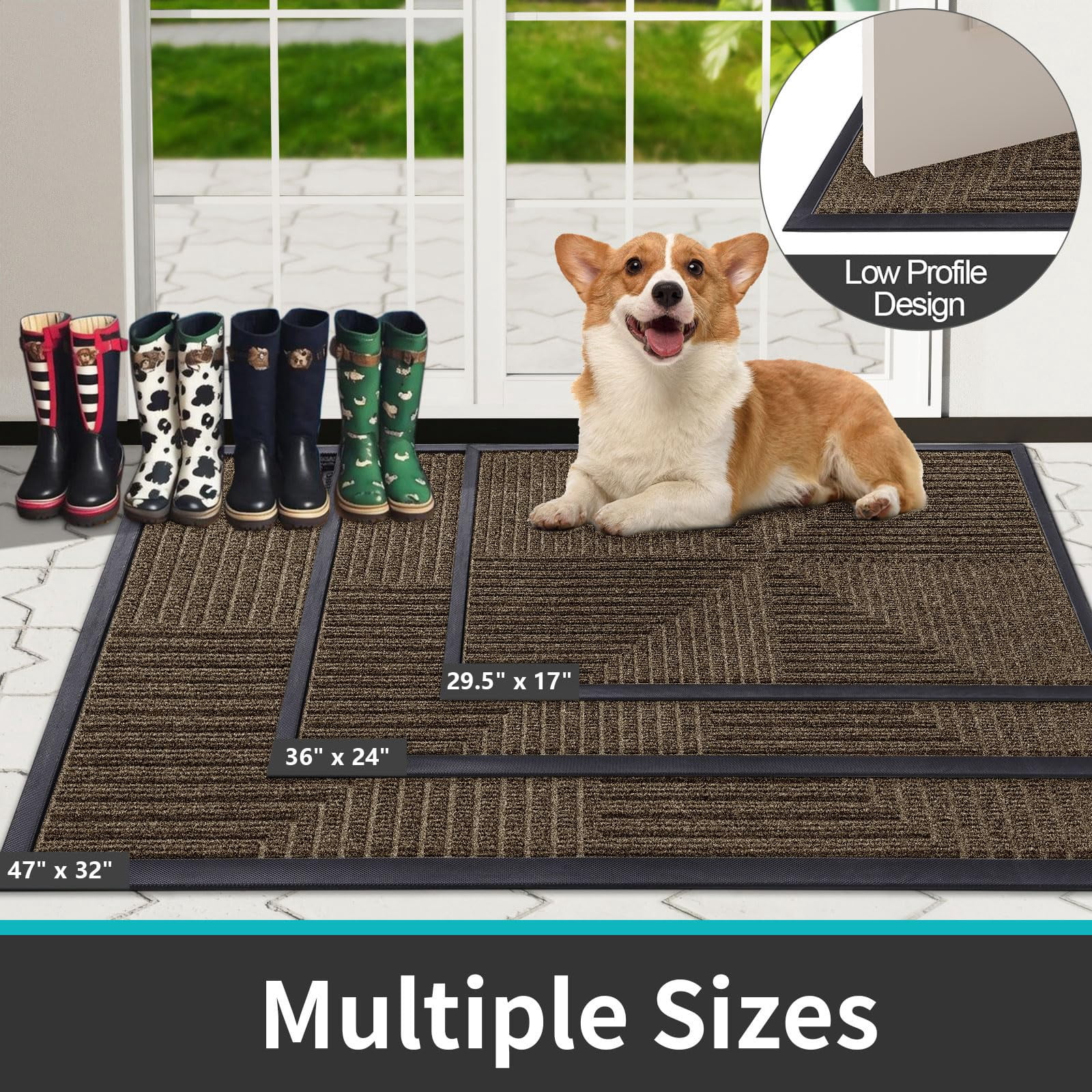 Buganda Heavy Duty Rubber Door Mat for Outside Entry, 17" x 29.5" Non-Slip Waterproof Doormat for Inside, Low Profile Dirt Trapper Doormat, Brown