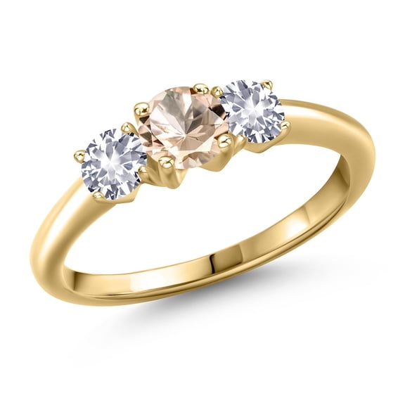 Gem Stone King 10K Yellow Gold Peach Morganite and White Created Sapphire Engagement Ring for Women | 0.90 Cttw | Round 5MM | Gemstone October Birthstone | Size 8