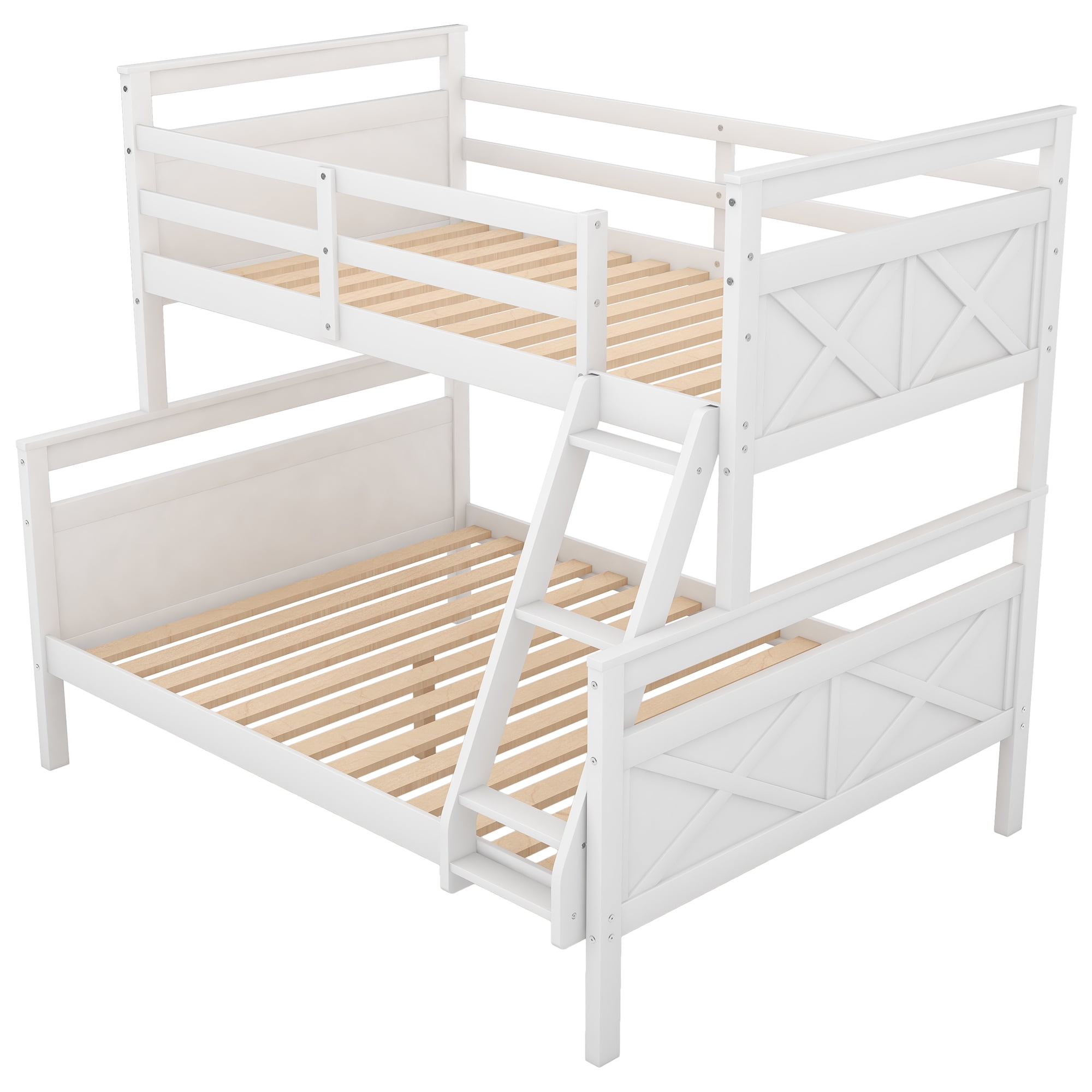 Euroco Modern Solid Wood Twin over Full Kids Bunk Bed Frame with Ladder, White