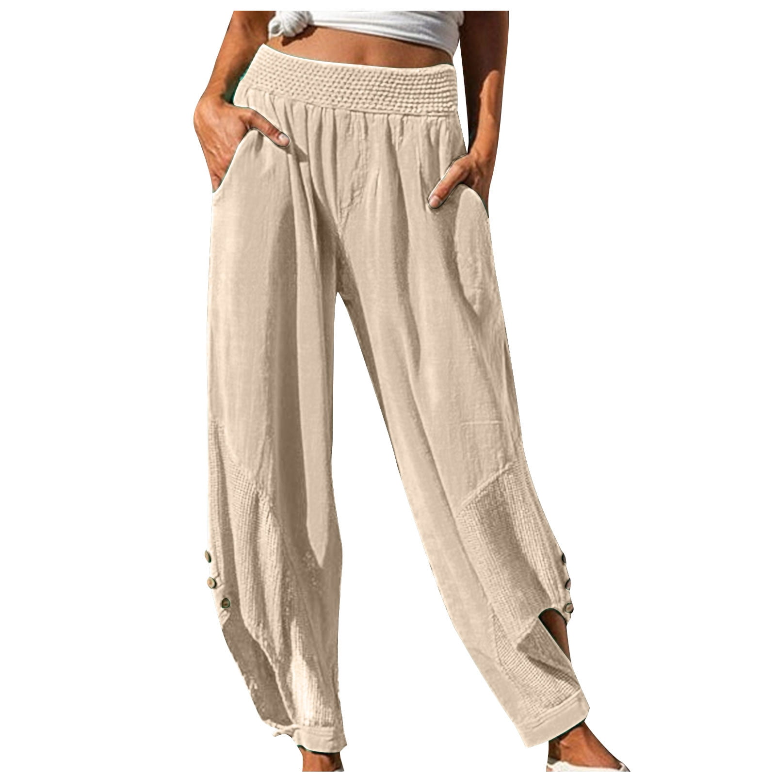 Xihbxyly Linen Pants for Women Womens Pants Cotton Linen Long Lounge Pants  Drawstring Back Elastic Waist Pants Casual Trousers with Pockets, Beige,  XXXL 1 Dollar Items for Girls #2 