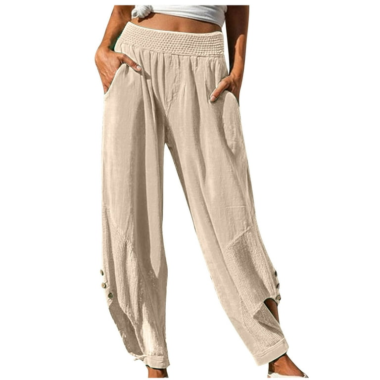 Womens Elastic Waist Linen Pants Cut Out Bottom Wide Leg Loose Beach Pants  with Pockets Plus Size Boho Trousers (3X-Large, Beige)