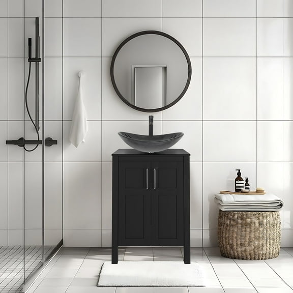 ELECWISH 24-Inch Bathroom Vanity in Gray with Clear Vessel Sink Set, Modern Stand Pedestal Cabinet with Glass Sink Set