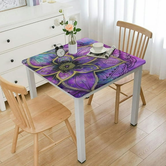 BANET Square Fitted Table Cover Colorful Print Waterproof Elastic Table Cloth Tabletop Decor for Party Dining Indoor Outdoor Card Table white