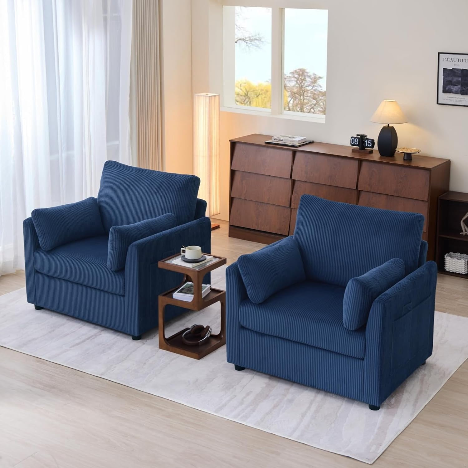 37.75" Corduroy Accent Chair, Modern Upholstered Armchair with Side Storage Pockets & 2 Pillows, Comfy Oversized Single Sofa for Living Room, Blue