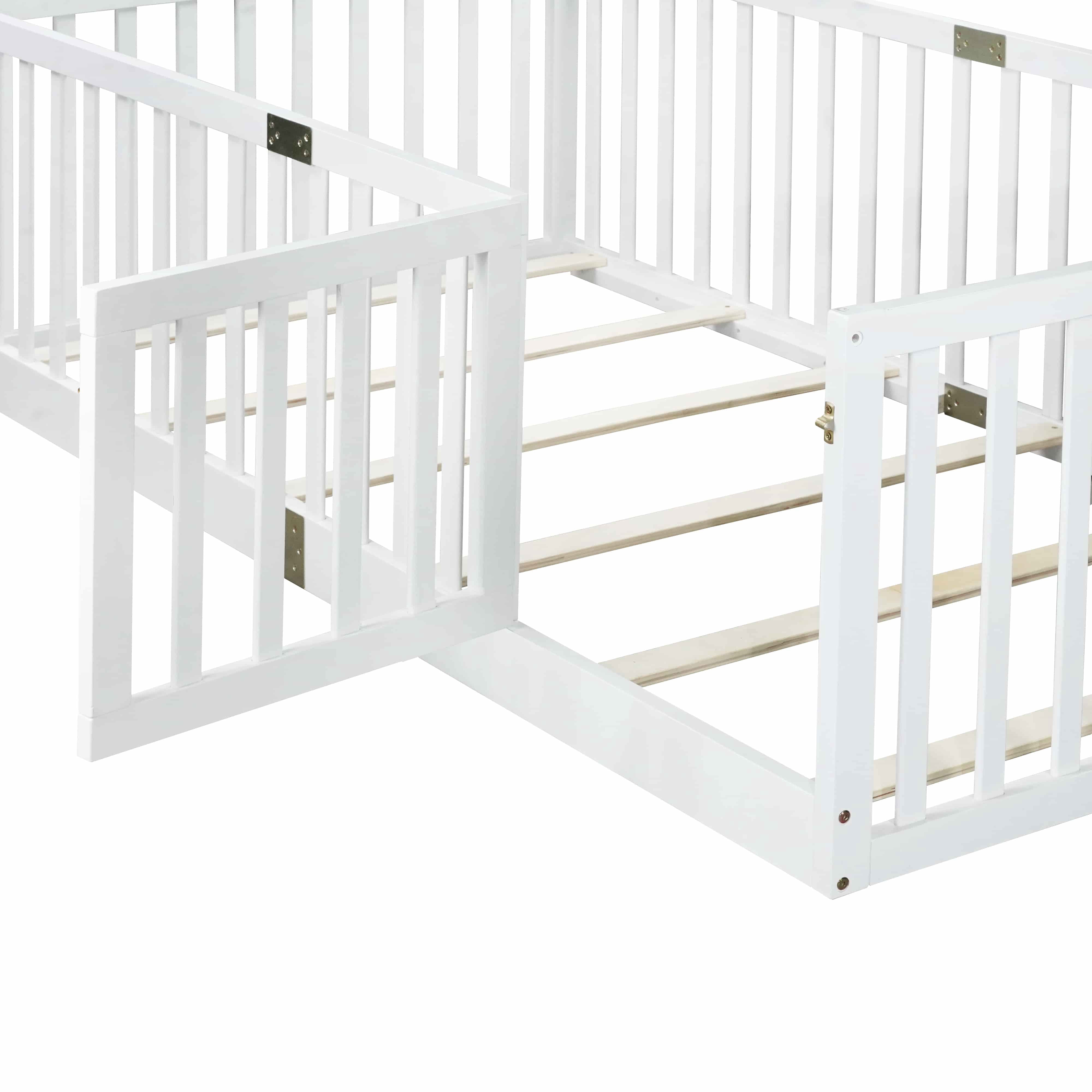 UHOMEPRO Twin Floor Bed with High Fence & Door, Montessori Floor Bed with 21.5" Safety Guardrails, Solid Wood Twin Beds Frame for Kids Girls, Boys, with Slats, White