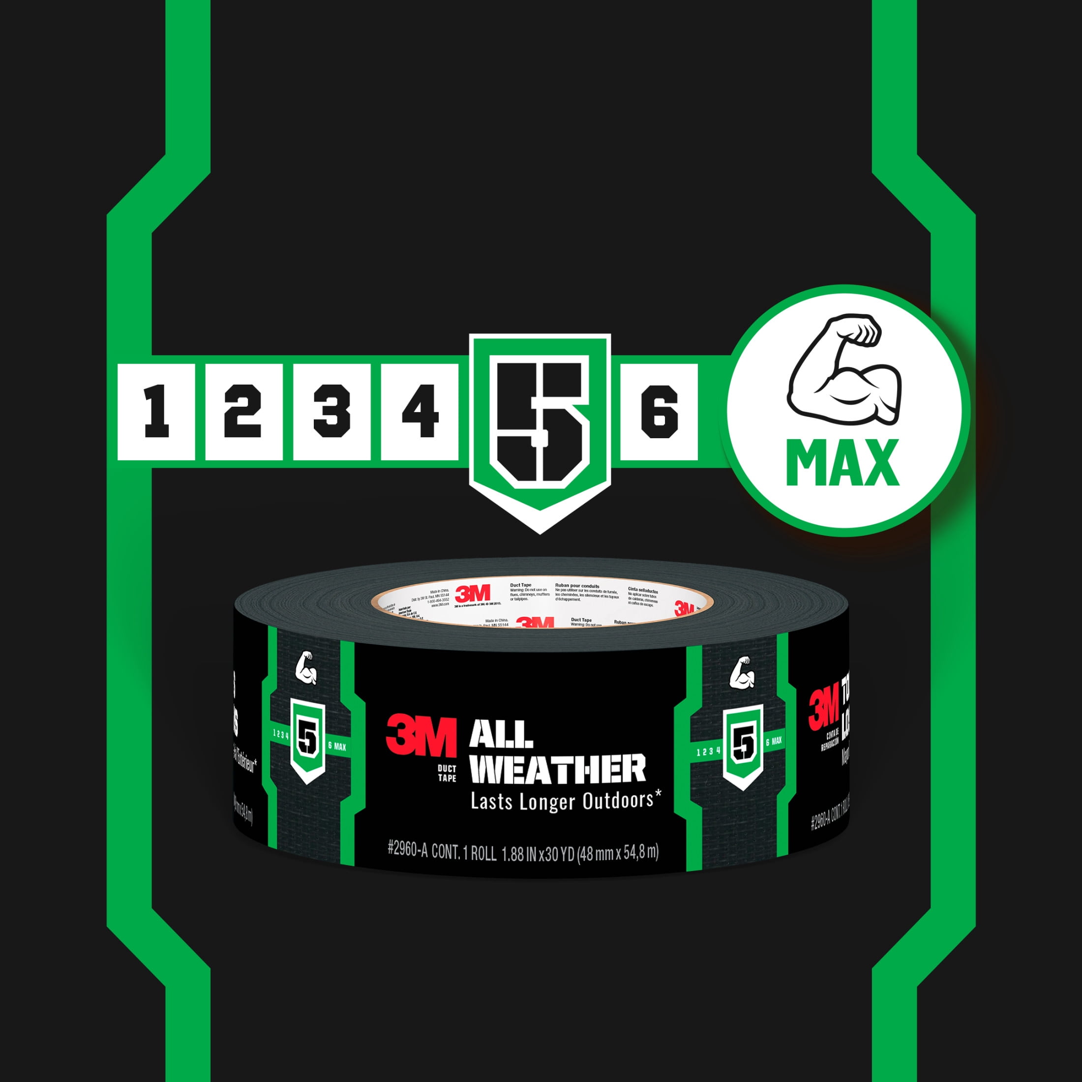 3M All Weather Duct Tape, Black, Lasts Longer Outdoors, 1.88 in. x 25 yd., 1 Roll