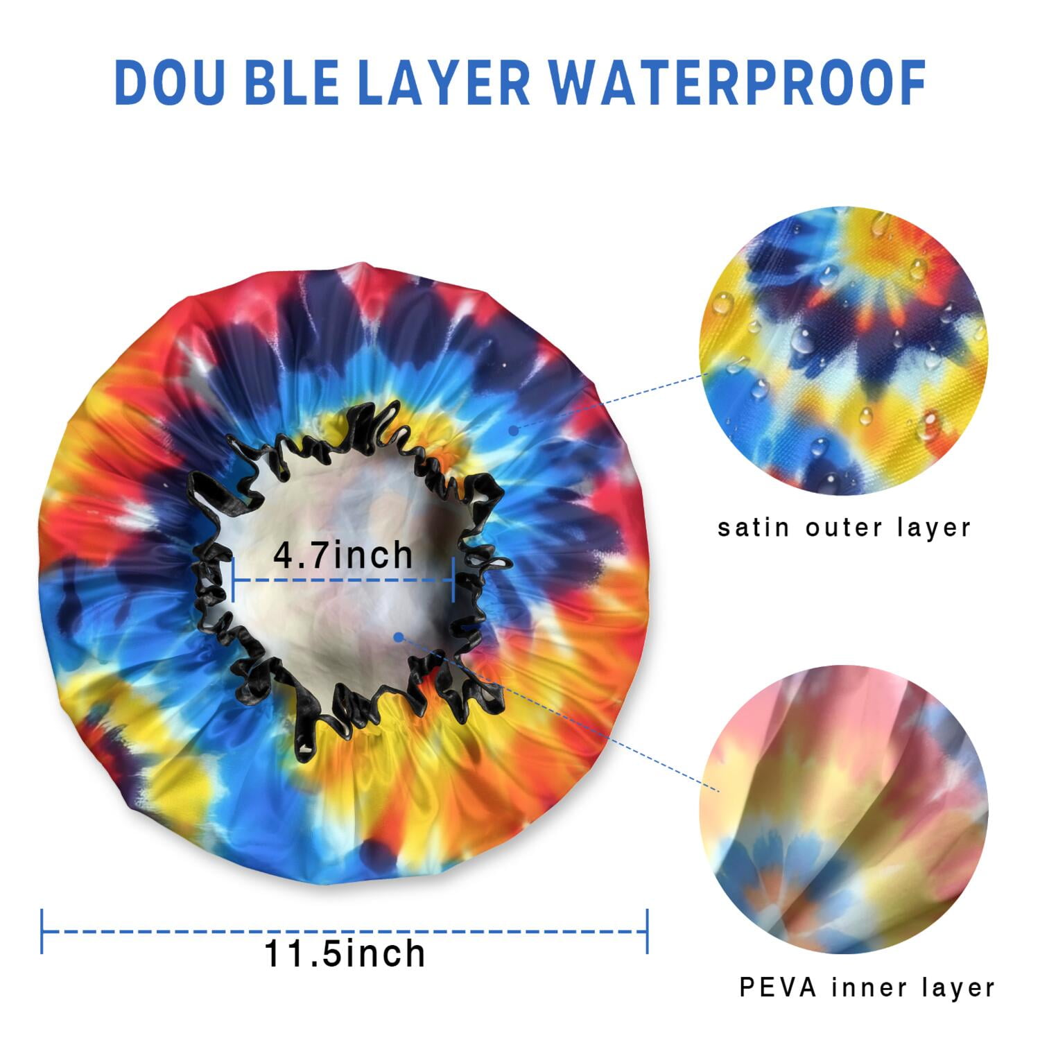 Shower Caps,Colorful Tie Dye Spiral Pattern Waterproof Shower Cap for Women 4 Pieces,Double Reusable Hair Cover for Shower PEVA Elastic Stretch Hem