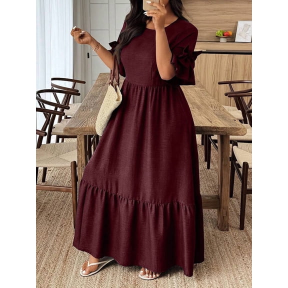 Maroon Plus Size Women Short Sleeve Ruffle Sleeve Tiered Maxi Dress With Scoop Neck