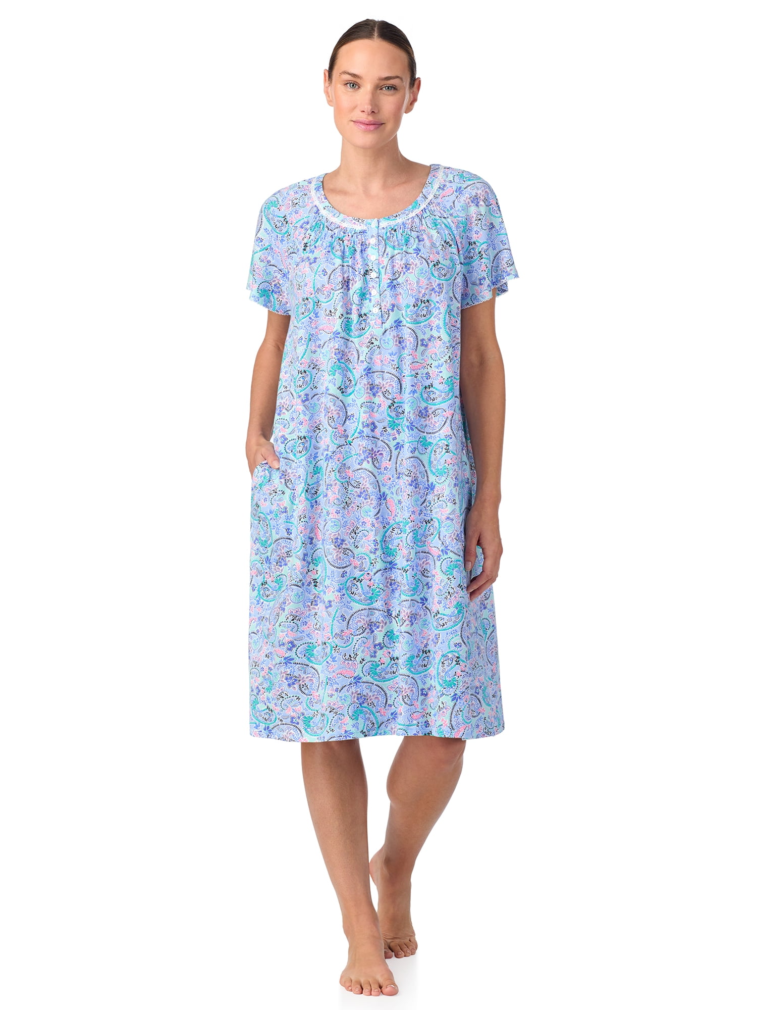 Aria Women's 100% Cotton Raglan Sleeve Smocked Neck Sleepwear 40" Gown, Sizes XS-5X