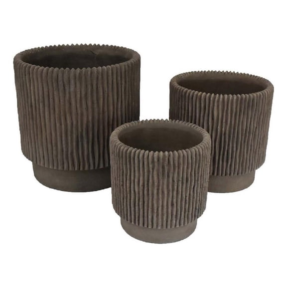 Benjara Zeri 3pc Planter Set- Ribbed Grooved Brown Terracotta- 8-10-12"