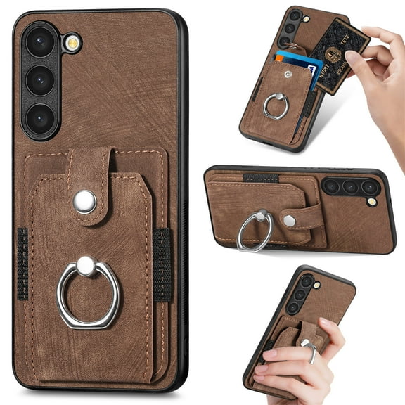 Feishell for Samsung Galaxy S23 Plus Wallet Case with Elastic Card Holder,Premium PU Leather Shockproof TPU Bumper 360° Rotation Finger Ring Holder Kickstand Anti-Scratch Protective Phone Case,Brown