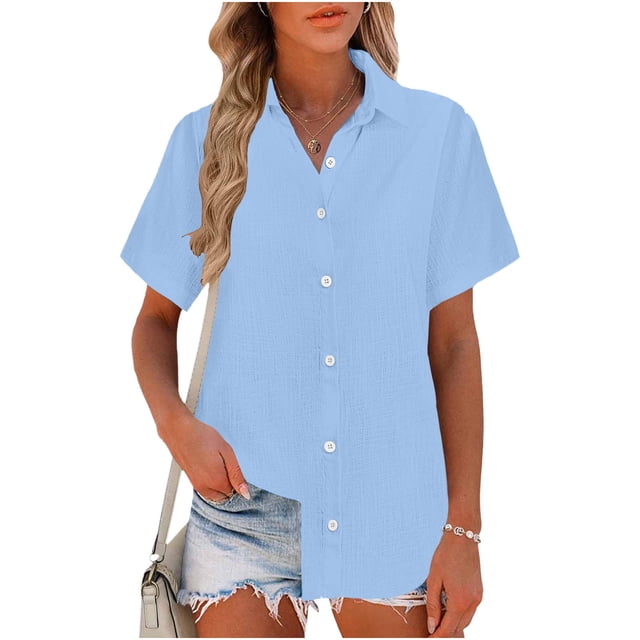 Camiseta de Manga Corta de Verano para las Mujeres de Color Sólido de Lino en Cuadro con Botones, Camiseta de Manga Corta de Verano de las Mujeres