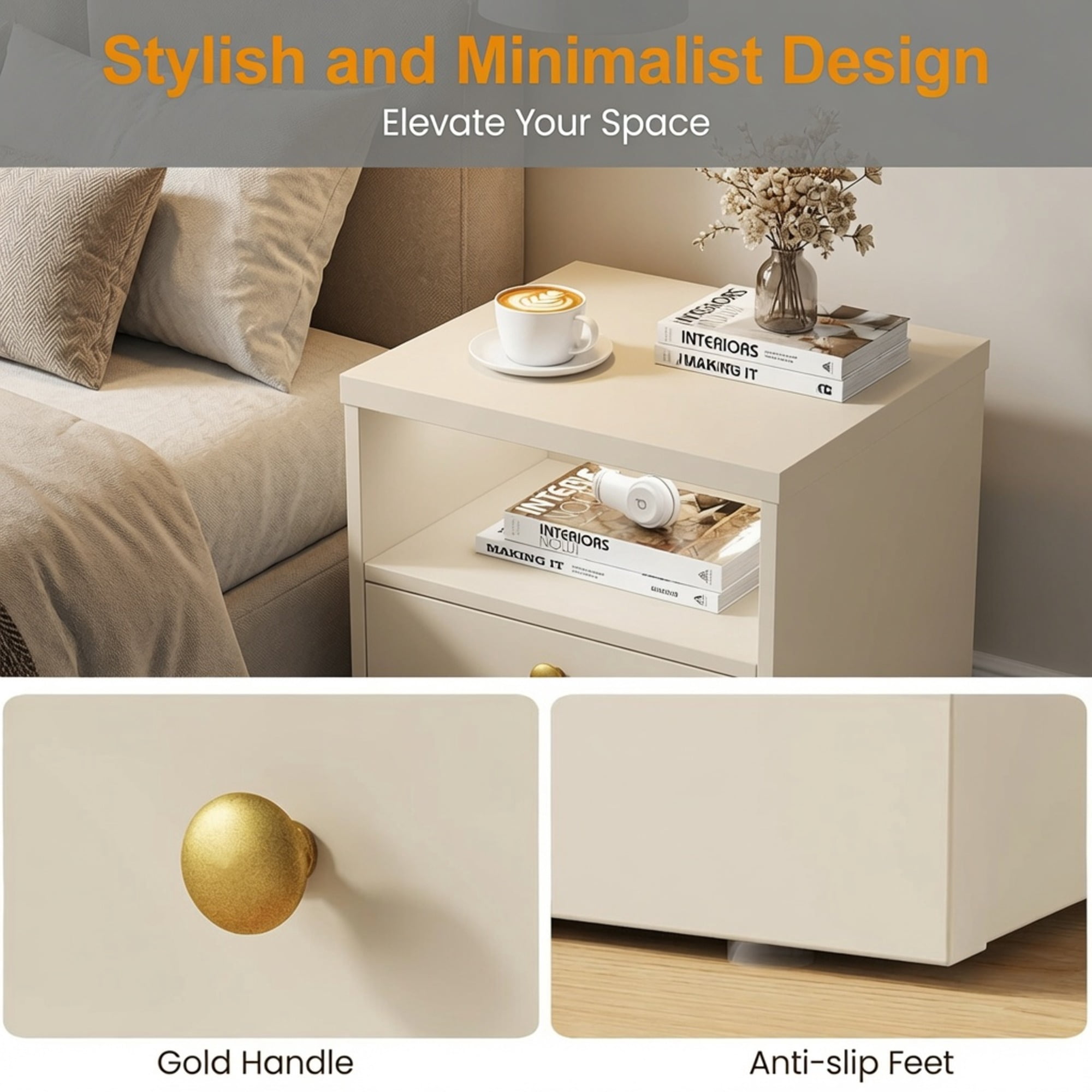 15.7in Wide Beige Engineered Wood Nightstand, Modern Faux 2-Drawer Side Table with Door & Open Storage Shelf, Small Bedside Table for Bedroom Dorm Apartment