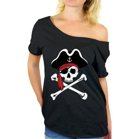 Awkward Styles Jolly Roger Skull Off Shoulder Shirt Women's Pirate Skull Oversized Tshirt Day of the Dead Gifts for Her Dia de los Muertos Outfit Pirate Flag Baggy Shirt Pirate Birthday Party T