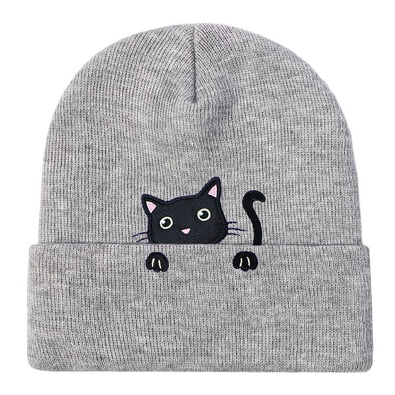 OOOUM Ribbed Beanie For Women Girls Cute Cat Cuffed Knit Hat Winter Outdoor Cold Weather Winter Hat Light Gray