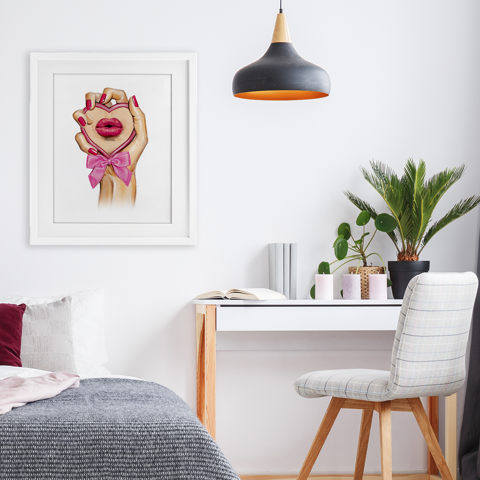 Pink Lips in Mirror White Framed Print Under Glass, design by Ziwei Li