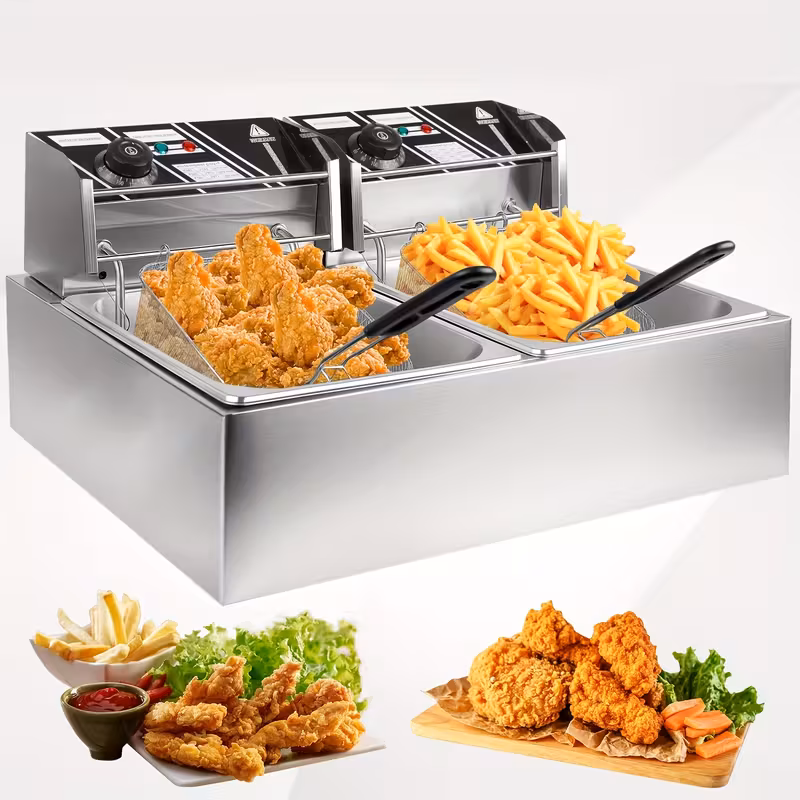 20QT Electric Deep Fryer, 16L 304Stainless Steel Dual Tank Countertop Frying Machine with Baskets and Lids, 5000W 110V 60Hz for Home and Commercial