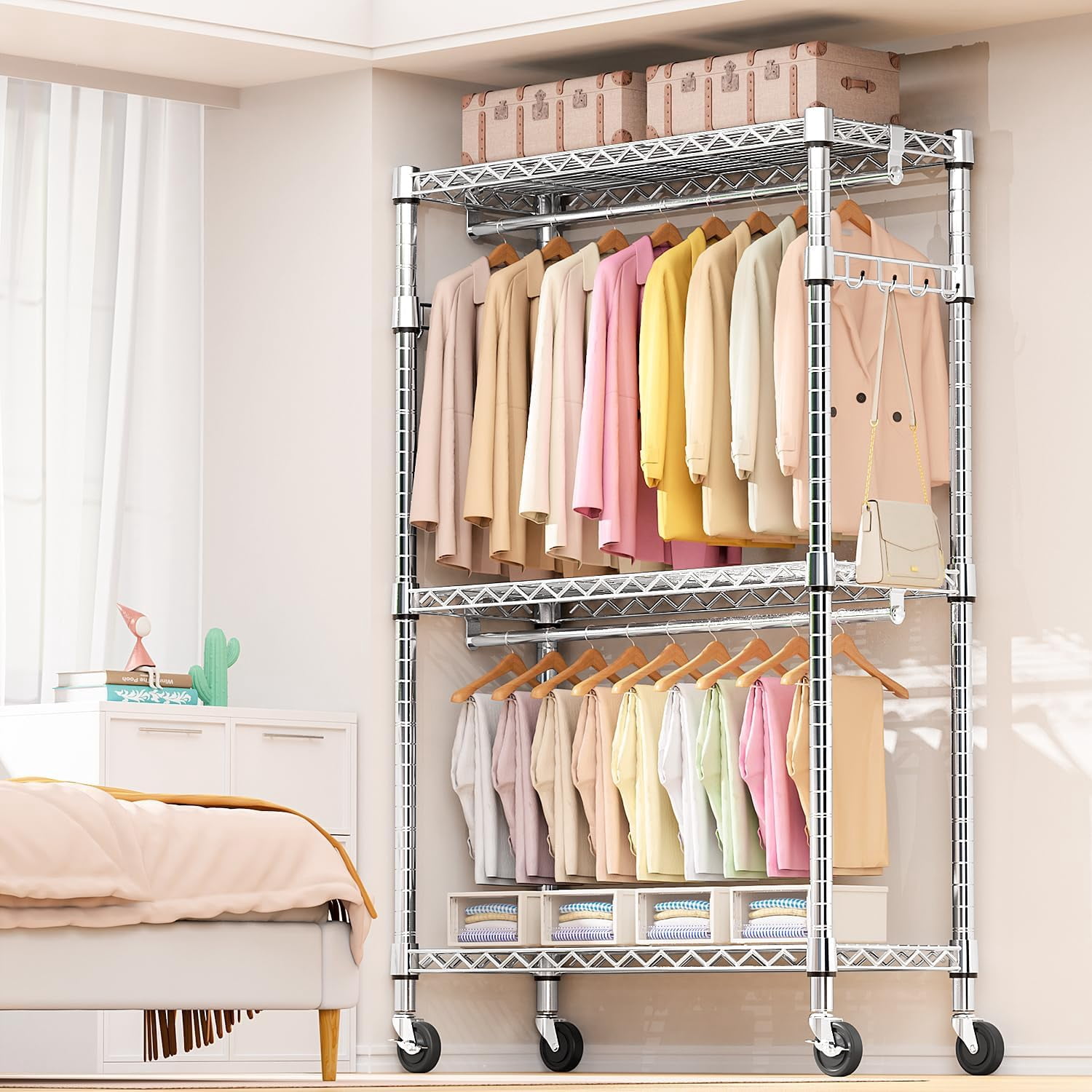 M MZG Heavy Duty Rolling Garment Rack 3 Tiers Adjustable Wire Shelving ...