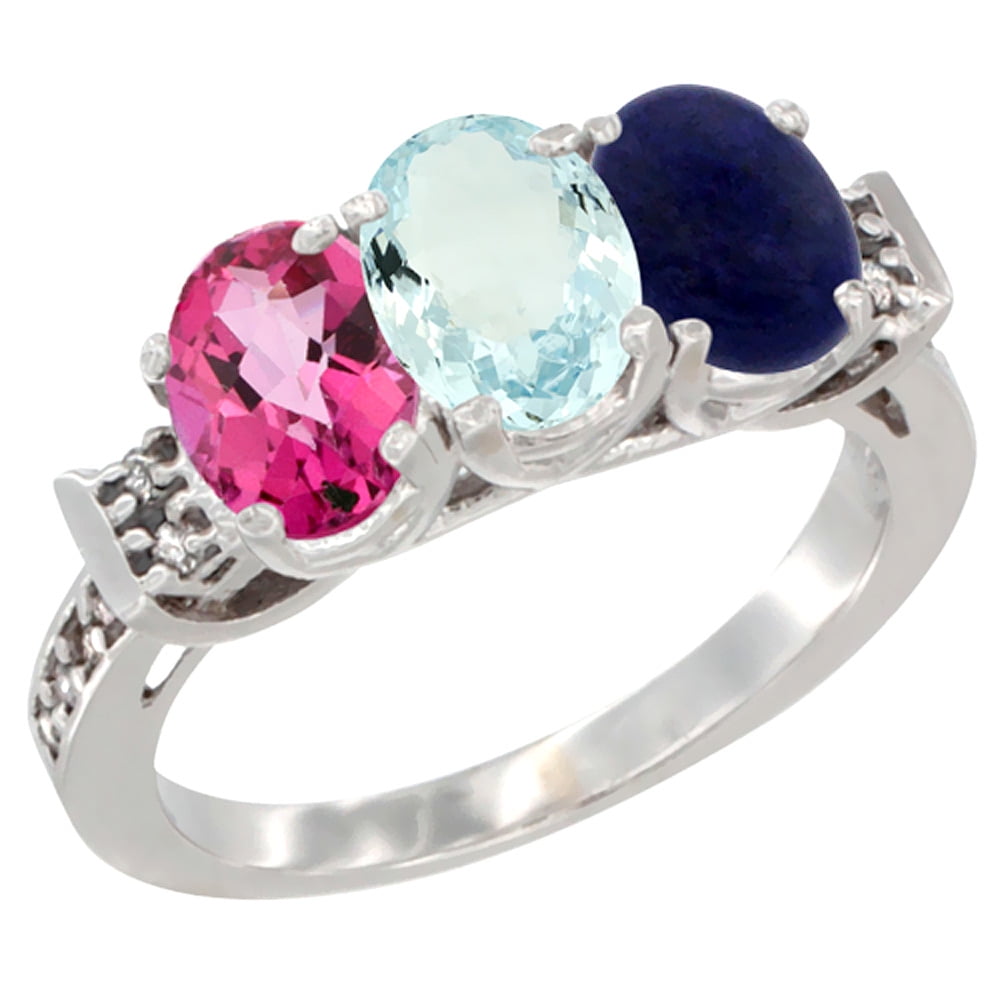 14K White Gold Natural Pink Topaz, Aquamarine & Lapis Ring 3-Stone 7x5 mm Oval Diamond Accent, sizes 5 10 by WorldJewels