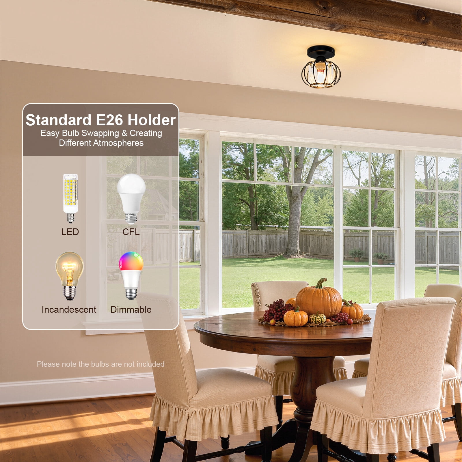 Ceiling Light Fixture, Black Cage Industrial Semi Flush Mount Light with Clear Glass Shade, E26 Base Pendant Light for Kitchen Hallway Bedroom Farmhouse Entryway, 110-240V (Bulb Not Included)