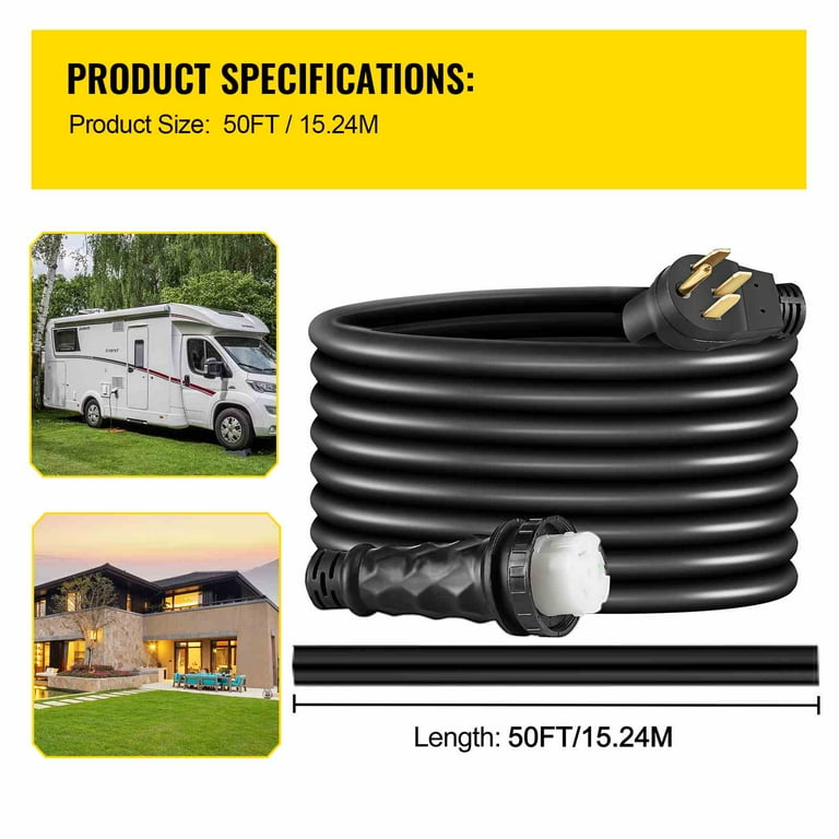 Bentism Heavy Duty 50 ft 50 Amp RV Extension Cord Power Supply Cable w/Molded Connector&Handles 125 / 250V, Size: 50