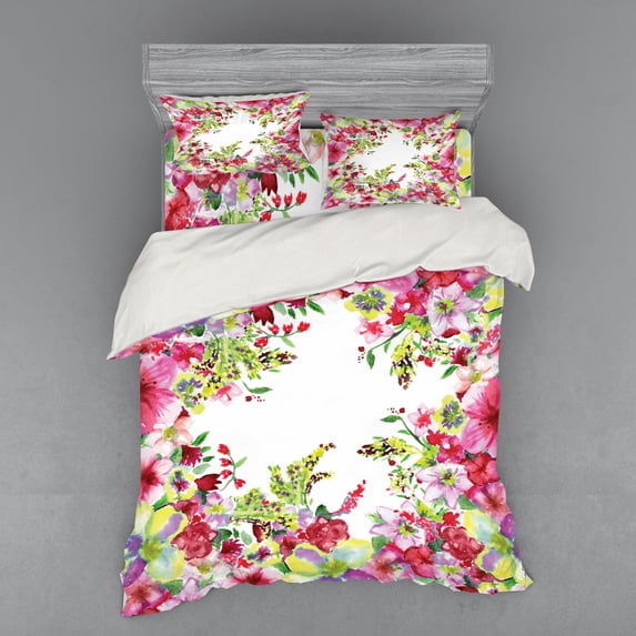 Ambesonne Pink Bedding Set 4 Pcs, Summer Bud Spring, Queen, Green and Pink