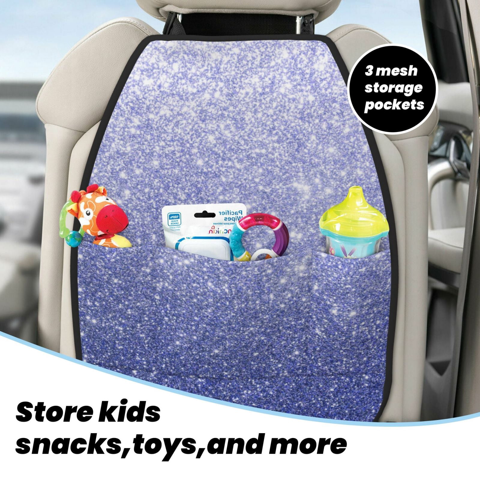 Kdxio Glittering Blue Purple Print 2 Pack Car Kick Mat Seat Cover Back Protector Mat with Pockets for Organizer Backseat Protector and Storage Anti Kick Pad for Vehicles