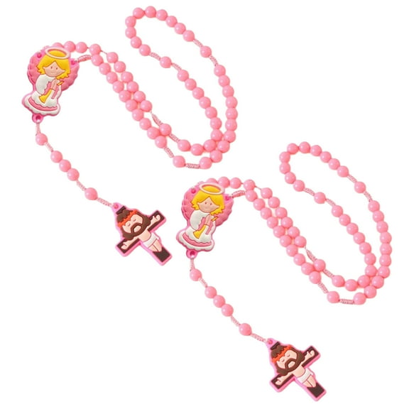2Pcs Colorful Religious Rosary Necklace for Children Catholic Neck Chain with Crosses Pendant Spiritual Education Tool