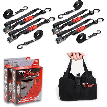 TorkStrap M500 Bundle | 14 x 1 Spring Loaded Tie Down Straps with Carry Bag - 1 500LB Max Load - Just Pull Alternative to Ratchet Straps - Integrated Soft Loops (4-PACK)