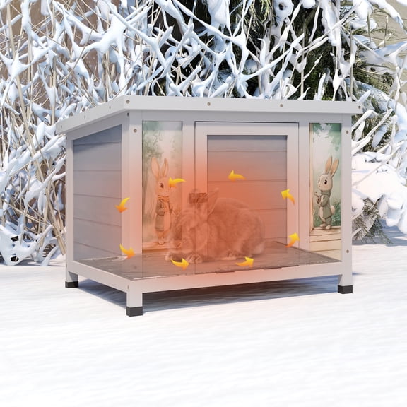 24'' Heated Small Rabbit Hutch for Winter, Cat House Outdoor Indoor with Warm Liner, Waterproof Structure, Suitable for Cats, Rabbits, Small Pets (Grey)