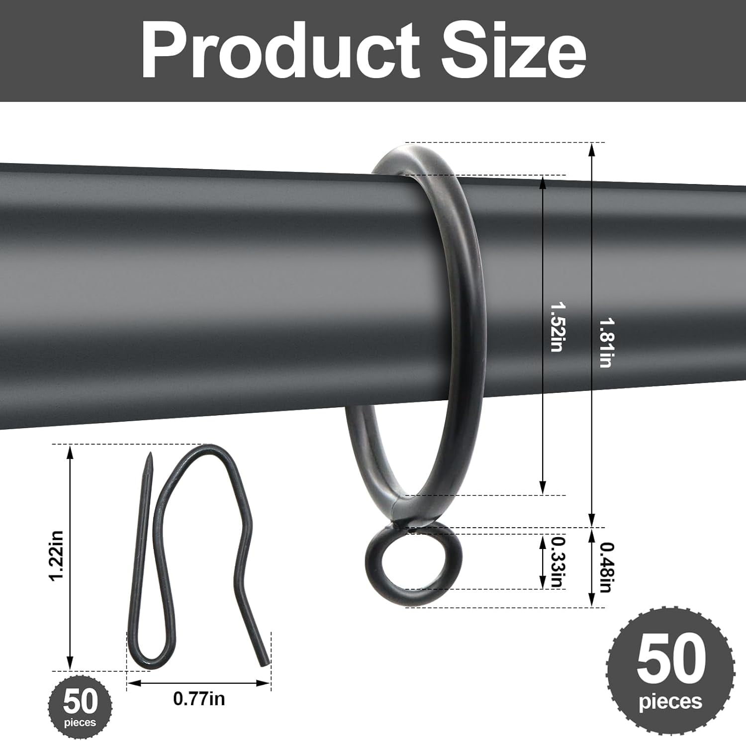 MKEUDQ-50 Pcs Curtain Rings and Hooks - Stainless Steel Shower Curtain Rings and Hooks with Eyelets for Curtains Rods and Bathroom Shower Rods, Black