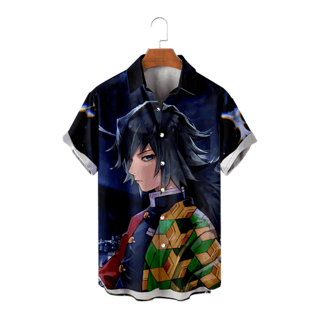 

MLFU Demon Slayer Boys Button Up Shirts Short Sleeve Graphic Polyester Shirt & Top Anime Crewneck Clothes for Men Women