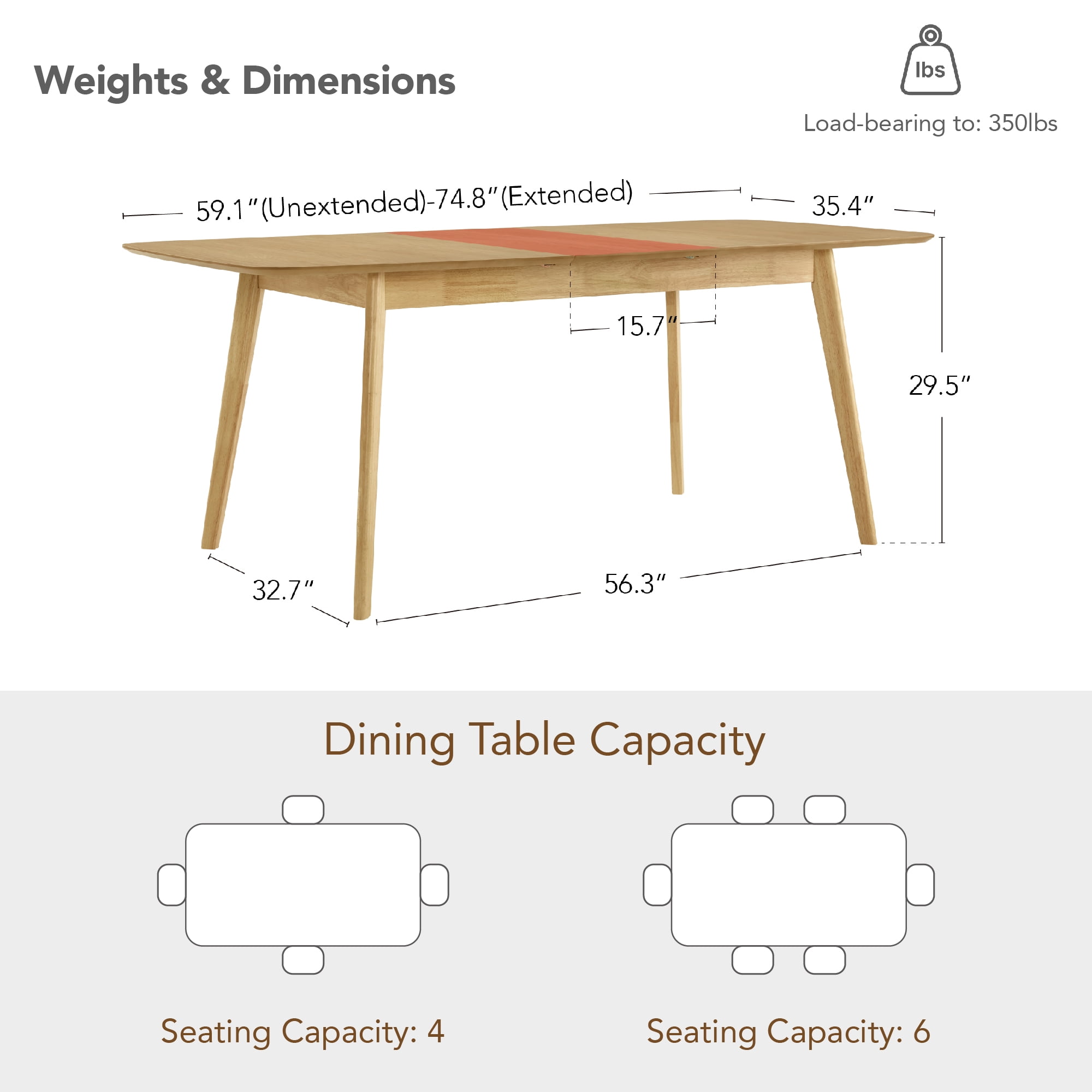 Spruce & Spring Modern Extendable Dining Table Set with Solid Rubberwood Tapered Legs, Scratch-Resistant Walnut/Oak Veneer Space-Saving Kitchen Table with Child-Safe Rounded Corners,Oak