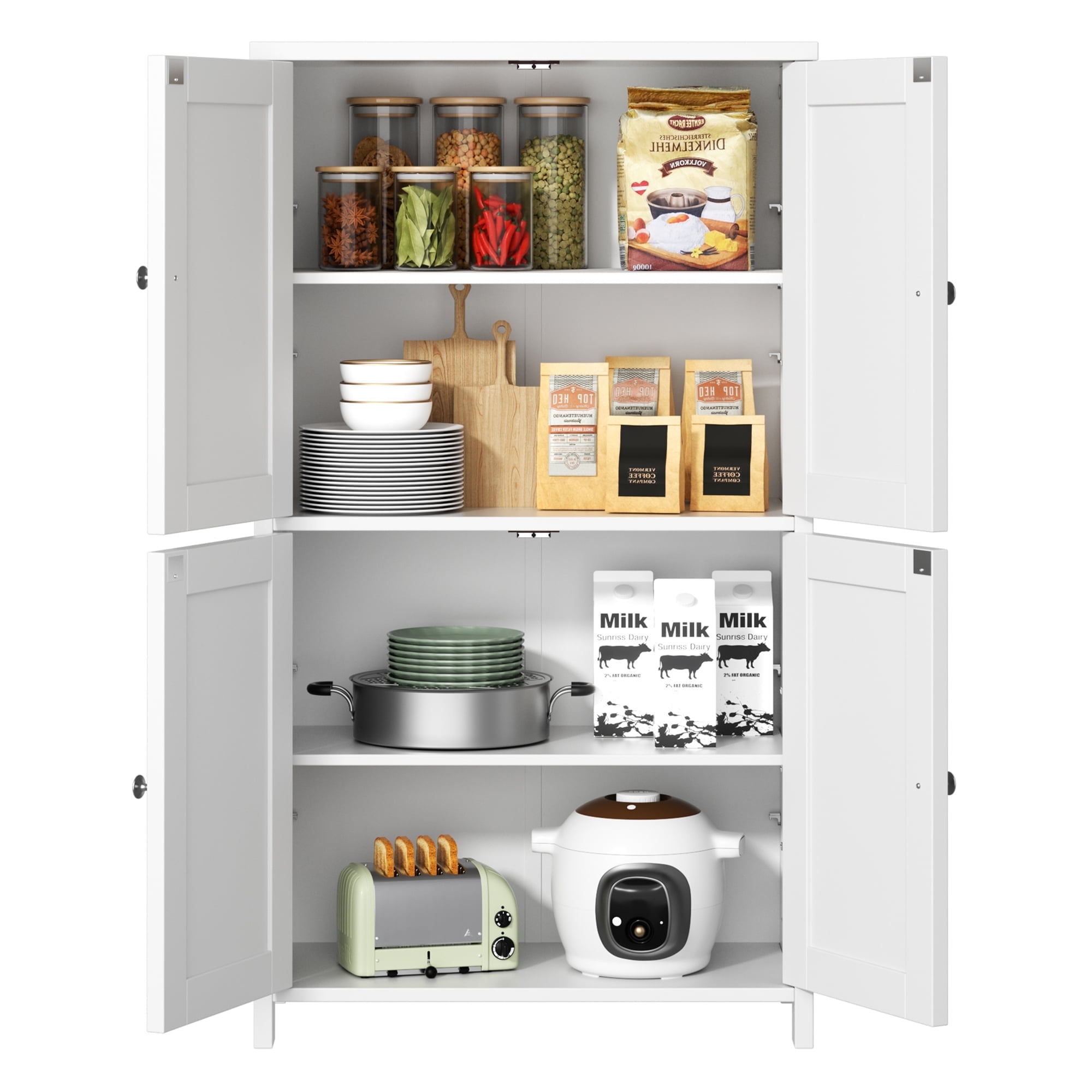 Walsunny Freestanding Bathroom Floor Storage Adjustable Shelf with 4 Doors 43" Wooden Pantry Cabinet for Kitchen Small Spaces，White