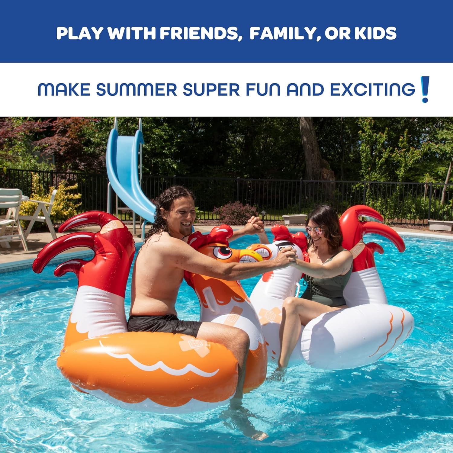 Chicken Fight Inflatable Pool Float Set - Includes 2 Giant Battle Ride-Ons - Flip Your Friends to Win! - Summer Fun