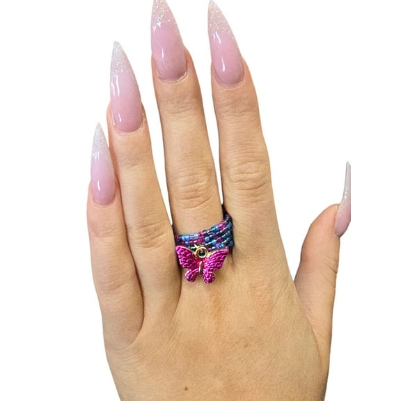 Hot Pink Butterfly Charm Ring | Beaded Ring | Floral Jewelry