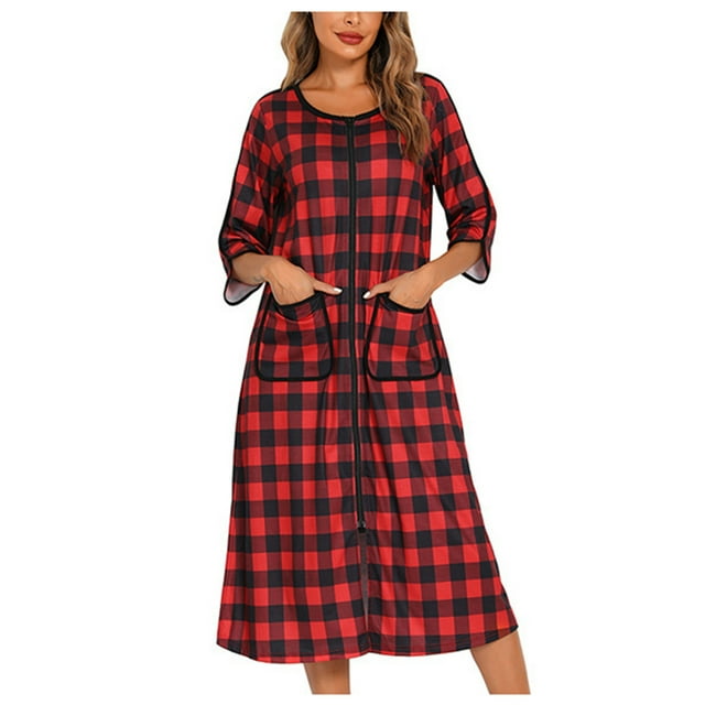 Peignoirs à Fermeture Éclair pour Femmes, Manches 3/4, Imprimés, Doux, Robe de Chambre Décontractée Ample, Robe de Nuit avec Poches