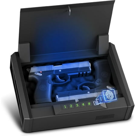 Gun Safe Biometric Pistol Safe for Handgun 3 Ways Quick Access with Fingerprint/Password/Key Pistol Safe with Backlit Keypad & Mute Mode Portable Handgun Safe for Nightstand Bedside Car