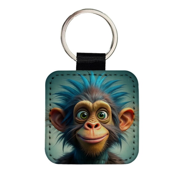 Funny Funky Crazy Monkey Faux Leather Square Keychain