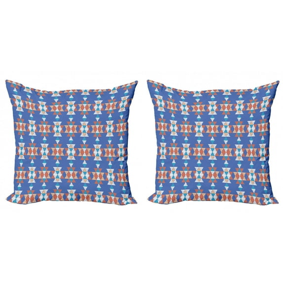 Ambesonne Aztec Throw Pillow Cover 2 Pack, Retro Native Triangular Art, 16", Azure Blue Multicolor