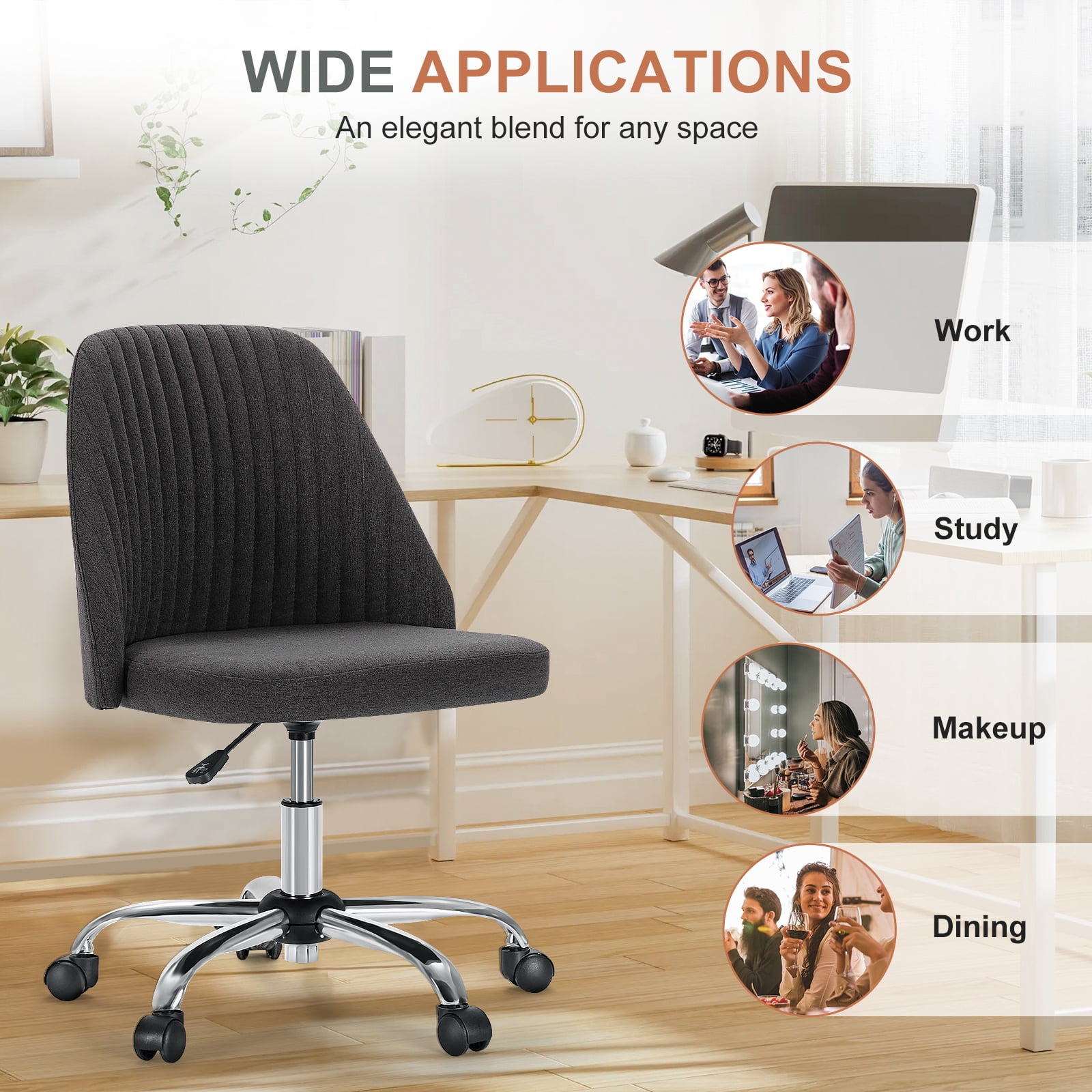 Armless Adjustable Swivel Desk Chair with Wheels