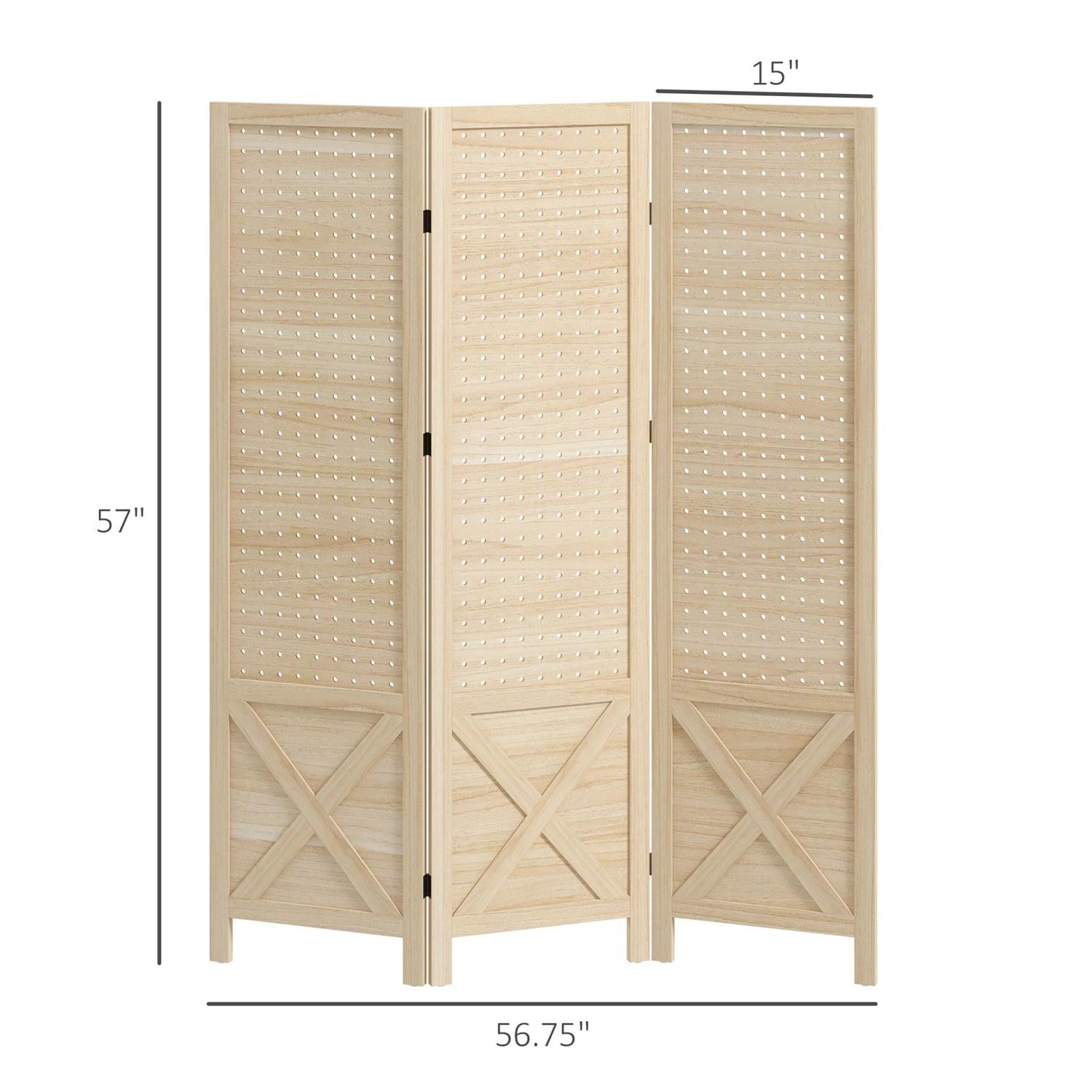 Demi Bonn 4.7ft Wood Room Divider with Pegboard Display, 3 Panel Folding Privacy Screen for Home Office Space, Natural Wood Look and Feel, Beige