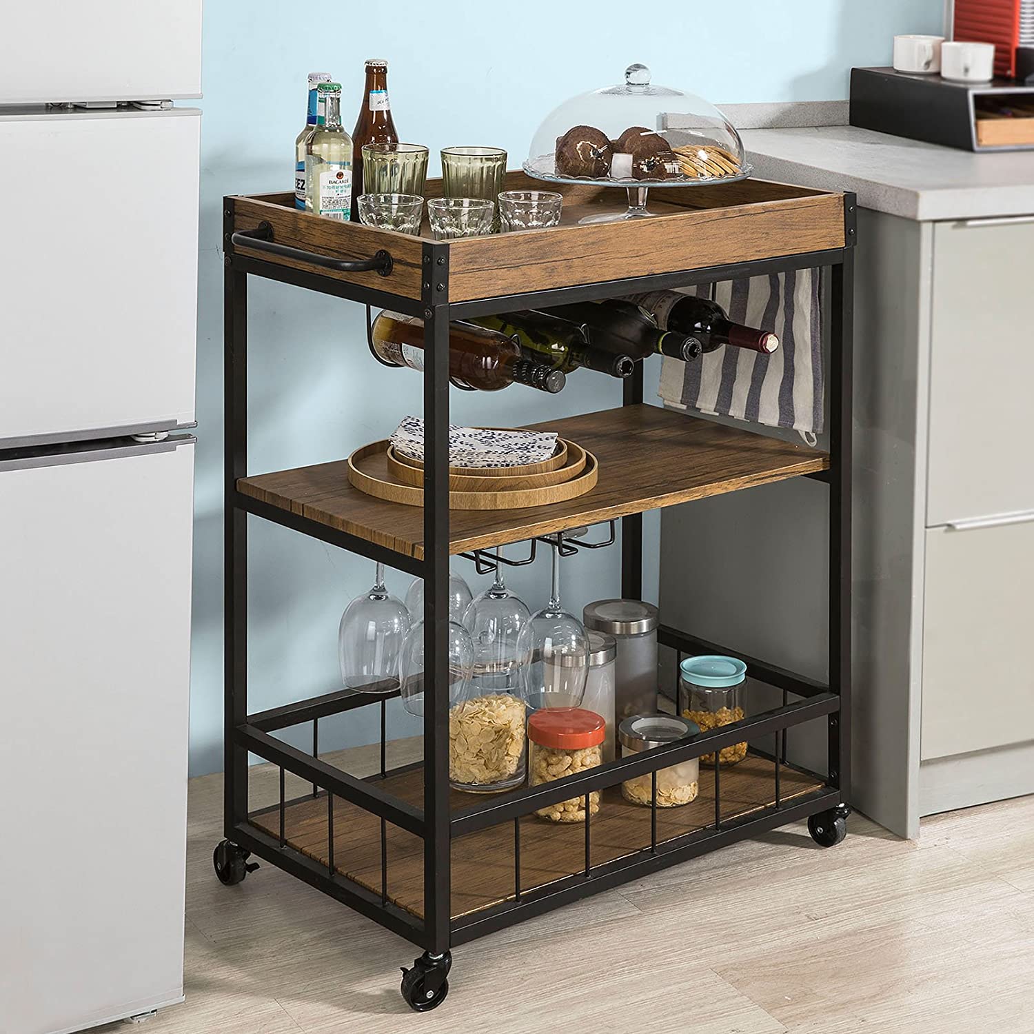 SoBuy SVW07-SCH Chariot de Bar Desserte /à roulettes Chariot de Service Cuisine Commode Roulant avec Plateau Repas Amovible