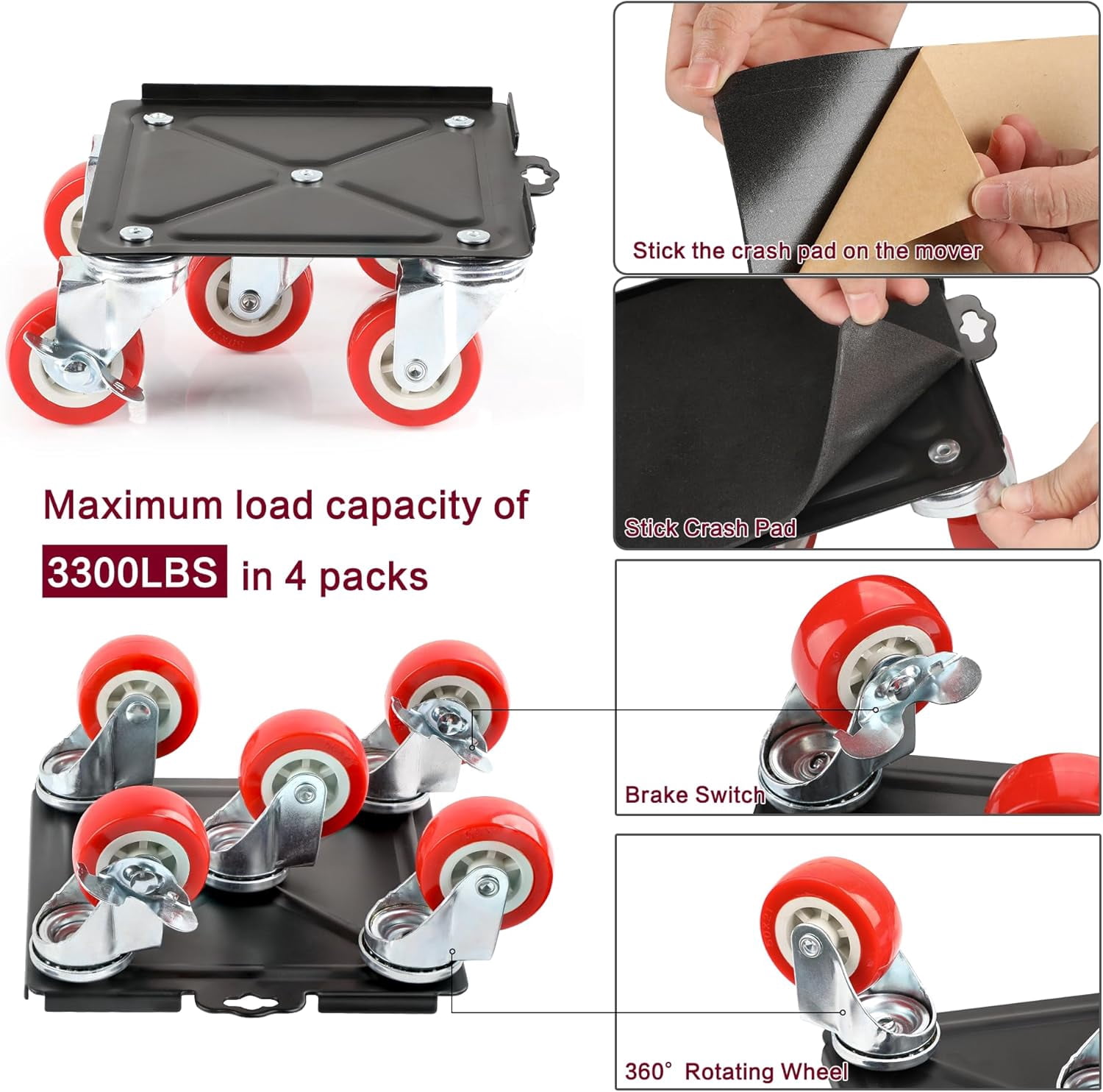 Heavy Duty Furniture Dolly with 5 Wheels, 4000 lbs Load Capacity for Easy Moving and Storage, Furniture Lift Mover Tool Set Perfect for Heavy Home or Office - Made of Premium Carbon Steel (6 Packs)